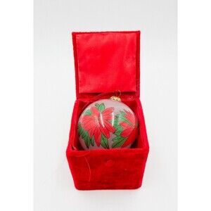 Christmas House Reverse Hand Painted Poinsettia Glass Ornament W/Box 3 Inch